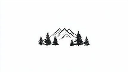 Hand-drawn illustration of mountains and trees.