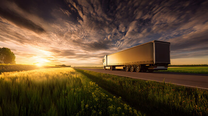 Truck on rural road under dramatic sunset, golden light painting the horizon -- a journey through nature's fleeting beauty