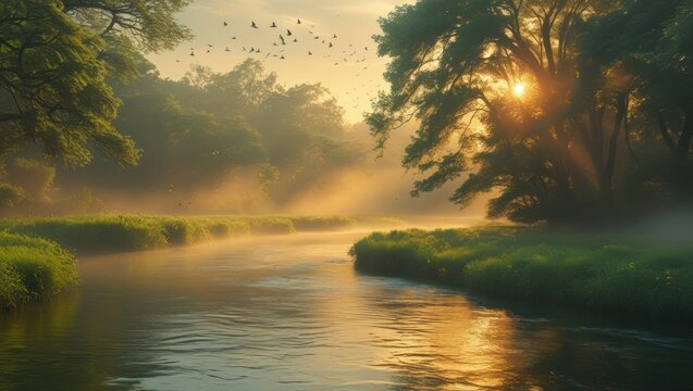 Sunrise over a tranquil river flowing through a misty forest.