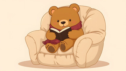 Cozy plush cartoon bear wearing a scarf and reading a big book with a cup of tea by his side. 