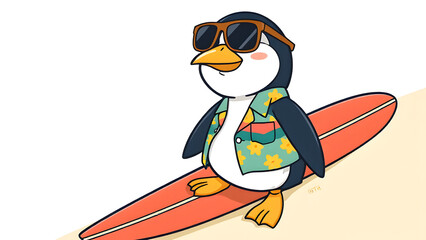 Fun cartoon penguin wearing sunglasses and Hawaiian shirt, leaning carelessly on a surfboard on a sandy beach.