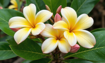 Obraz premium Plumeria (Frangipani - Plumeria spp.) Shrub with fragrant, colorful flowers in shades of white, yellow, pink, or red. It is