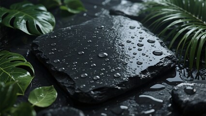 Black stone surface with tropical leaves and water droplets, top-down spa background for wellness and relaxation themes