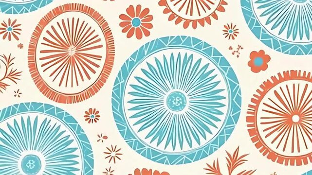 rotating floral wheel background, light blue and burnt red vector, seamless floral loop, vector ornamental background, flower wheel animation, retro flower background, 2D floral pattern loop, floral 