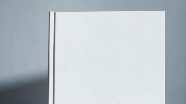 Close up of a blank, white, hardback book standing vertically against a light gray wall in a minimalistic and modern style.