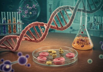 Laboratory setup with dna model, petri dish and flask