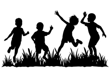 Silhouettes of four children playing joyfully in the grass