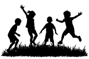Silhouettes of Children Playing in Grass, Joyful Summer Fun