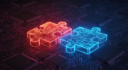 Obraz premium Glowing Red and Blue Puzzle Pieces Circuit Board Technology