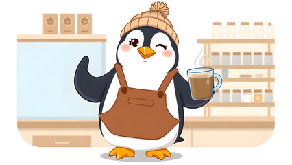 A cute cartoon barista penguin in a brown apron is holding a mug of steaming latte, winking and showing a thumbs up.