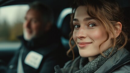 Smiling young woman enjoying a car ride with an older man on a scenic road