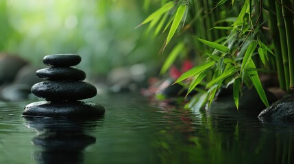 Fototapeta premium Zen Black Stones Balanced in Water With Bamboo Background