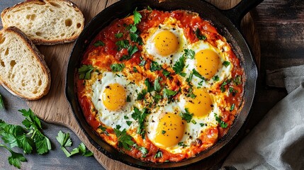 Shakshuka five eggs poached in a vibrant tomato-based sauce, seasoned with parsley and pepper, served in a cast iron skillet alongside crusty bread slices