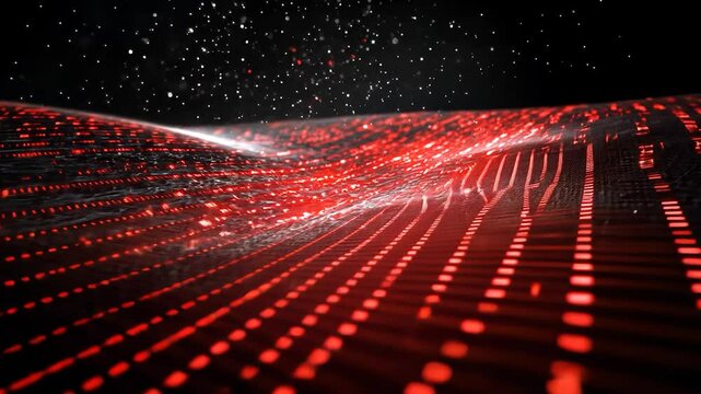 Abstract Red Digital Landscape: A mesmerizing digital art piece showcasing a wavy terrain of red and black, reminiscent of a futuristic or technological landscape.