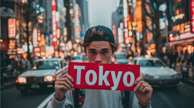 Young Man Holding Tokyo Sign In Bustling City Street