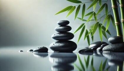 Obraz premium Zen Stones Balanced On Water With Bamboo Reflection