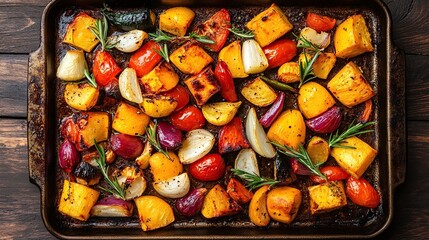 A sheet pan filled with roasted vegetables, including yellow squash, red onion, cherry tomatoes, and sprigs of rosemary.  The vegetables are arranged in a rustic