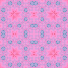 Seamless kaleidoscope floral pattern soft pink and blue floral kaleidoscope with star and geometric shapes, a symmetrical design for fabric, wallpaper, and backgrounds