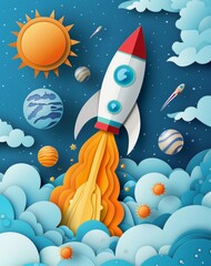 Illustration of a rocket launching through clouds into space with Earth and planets in background