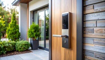 A modern smart lock on a sleek door, symbolizing security and advanced home technology, Smart home security scene