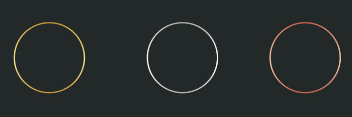 Gold, silver and bronze circle thin frames. Blank metal ring, button, stamp, emblem, sticker, label. First, second and third place medals isolated on black background. Abstract vector illustration set