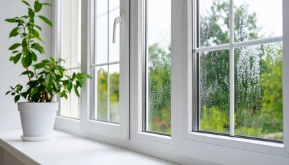 Selective focus on condensation on PVC window and white plastic window with a houseplant in the background Concept of indoor plants and humidity