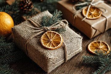 Rustic gift box wrapped in burlap decorated with jute twine, dried orange slice and pine twig on wooden background. Handmade eco friendly and sustainable package for Christmas holidays