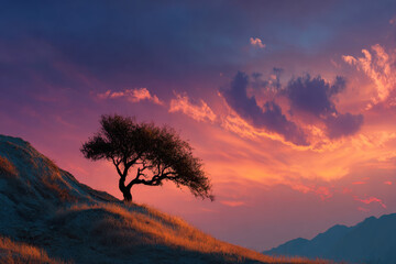 Single lone tree on sloped hill at sunset with colorful sky and dramatic clouds in background. Concept of solitude and serenity in nature