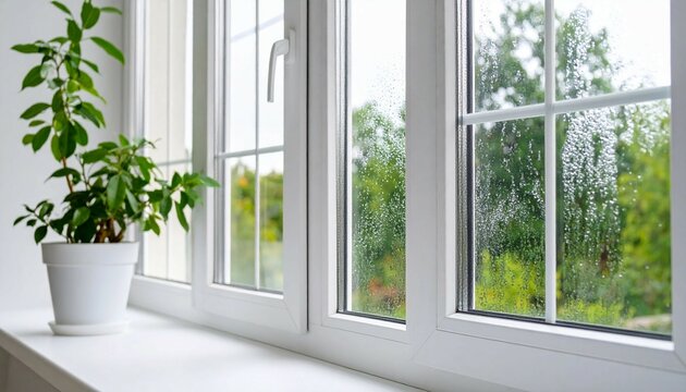 Selective focus on condensation on PVC window and white plastic window with a houseplant in the background Concept of indoor plants and humidity