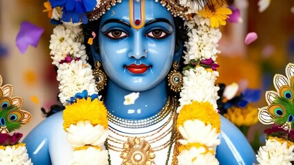 Ornate Hindu Deity Idol with Blue Skin, Headdress, and Garland Decorations Front Facing Close-up Religious Ceremony