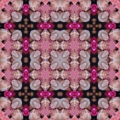 Seamless kaleidoscope floral pattern abstract arrangement of pink and white blossoms with magenta accents, creating a symmetrical and decorative design for fabric, wallpaper, and backgrounds