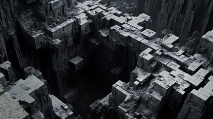 Massive black and grey 3D maze symbolizing complex decisions, obstacles, and strategic problem-solving. 