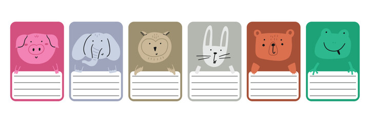 Cute school name tag sticker with animals flat. Animal character label card frame collection. Cartoon vector illustration