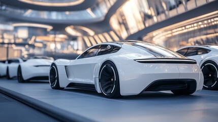 Modern white electric sedan parked on road. Fleet of sleek, luxury EVs displayed in urban setting. 