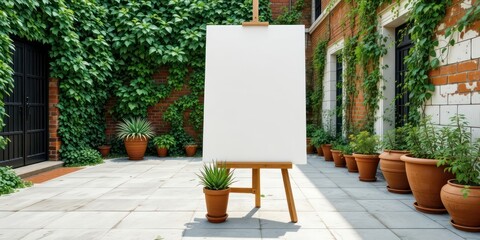 Blank canvas on easel in exterior courtyard surrounded by lush greenery and brickwork provides a simple, stylish display space