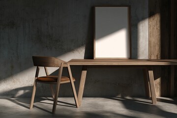 Desk, chair, and frame against mottled wall bathed in light and shadows