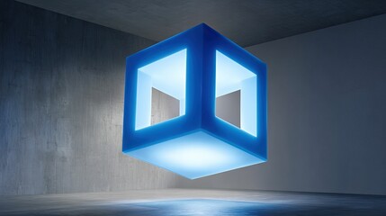 Floating blue cube with hollow centers in an empty gray concrete room