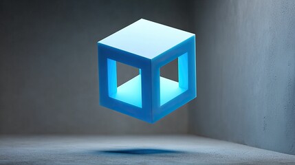 Floating hollow blue cube casting a shadow, minimalist concrete backdrop