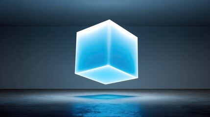 Glowing blue cube hovers above a reflective, dark floor in stark room