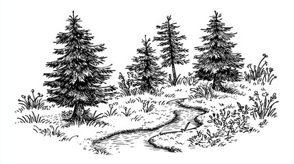 Hand-drawn illustration of a woodland scene with trees and a meandering stream.