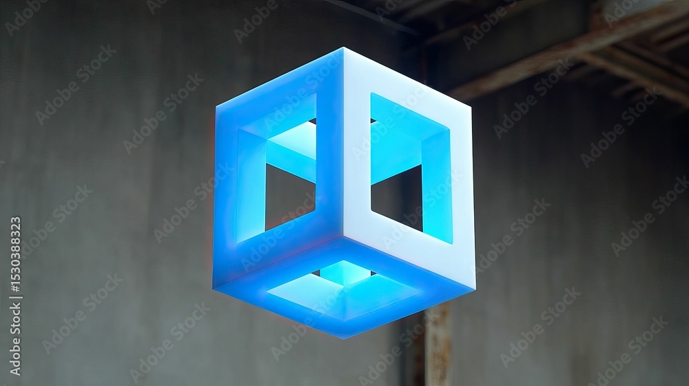 Sticker geometric glowing cube floating in a weathered, textured, muted background