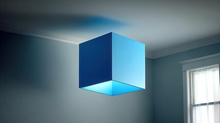 Fototapeta premium Blue cube floats, casting light in corner of gray room near window