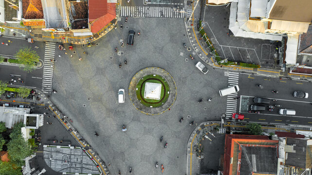 Aerial View of a City Square Intersection, Urban Landscape, Traffic and Buildings