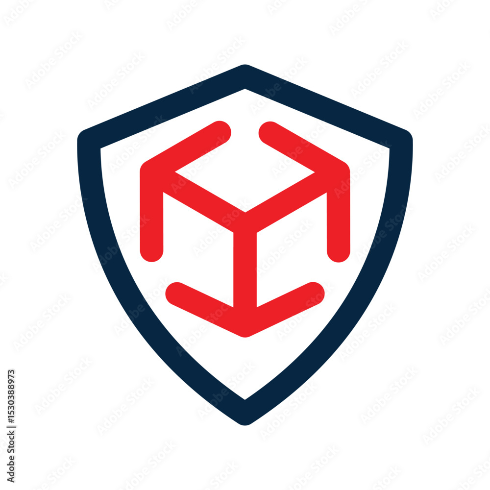 Poster The image shows a flat logo design of shield with three arrows in cube shape in blue and red color that looks clean on a white background