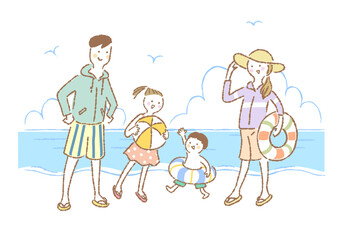 海辺で遊ぶ4人家族のイラスト（海と入道雲の背景付き）
