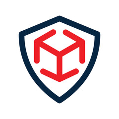 The image shows a flat logo design of shield with three arrows in cube shape in blue and red color that looks clean on a white background
