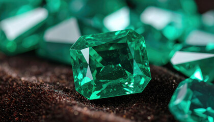 Mesmerizing closeup of sparkling emerald gemstone, its deep green hue reflecting high fidelity and captivating beauty, surrounded by other gemstones