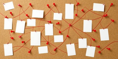 Organization and connection concept shown with push pins, string, and blank notes affixed to a corkboard