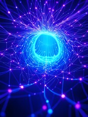 Obraz premium Abstract digital tunnel with glowing neon lights, networks and interconnected pathways of data.