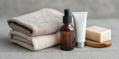 A set of bath essentials including two folded beige towels, a brown glass spray bottle, a white lotion tube, and a bar of soap on a wooden dish.